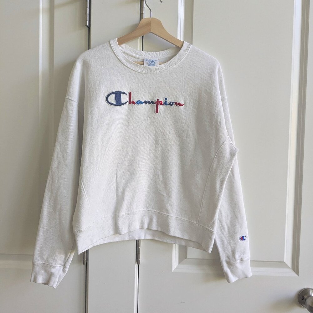 Champion Reverse Weave Sweatshirt L White Crewneck Spellout Logo Boxy Crop Fit